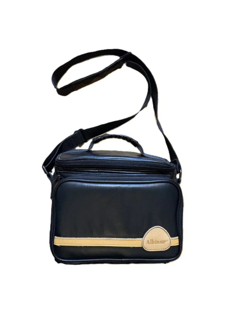 Vintage 80s Albinar Black Vinyl Camera Bag, Adjustable Strap, Zip Pockets AB-400